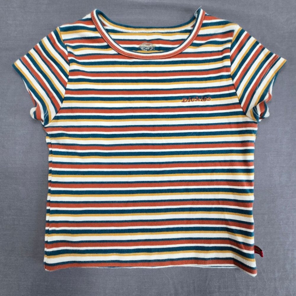 Dickies Womens Small Striped Cropped T-Shirt Skater Cotton Short Sleeve